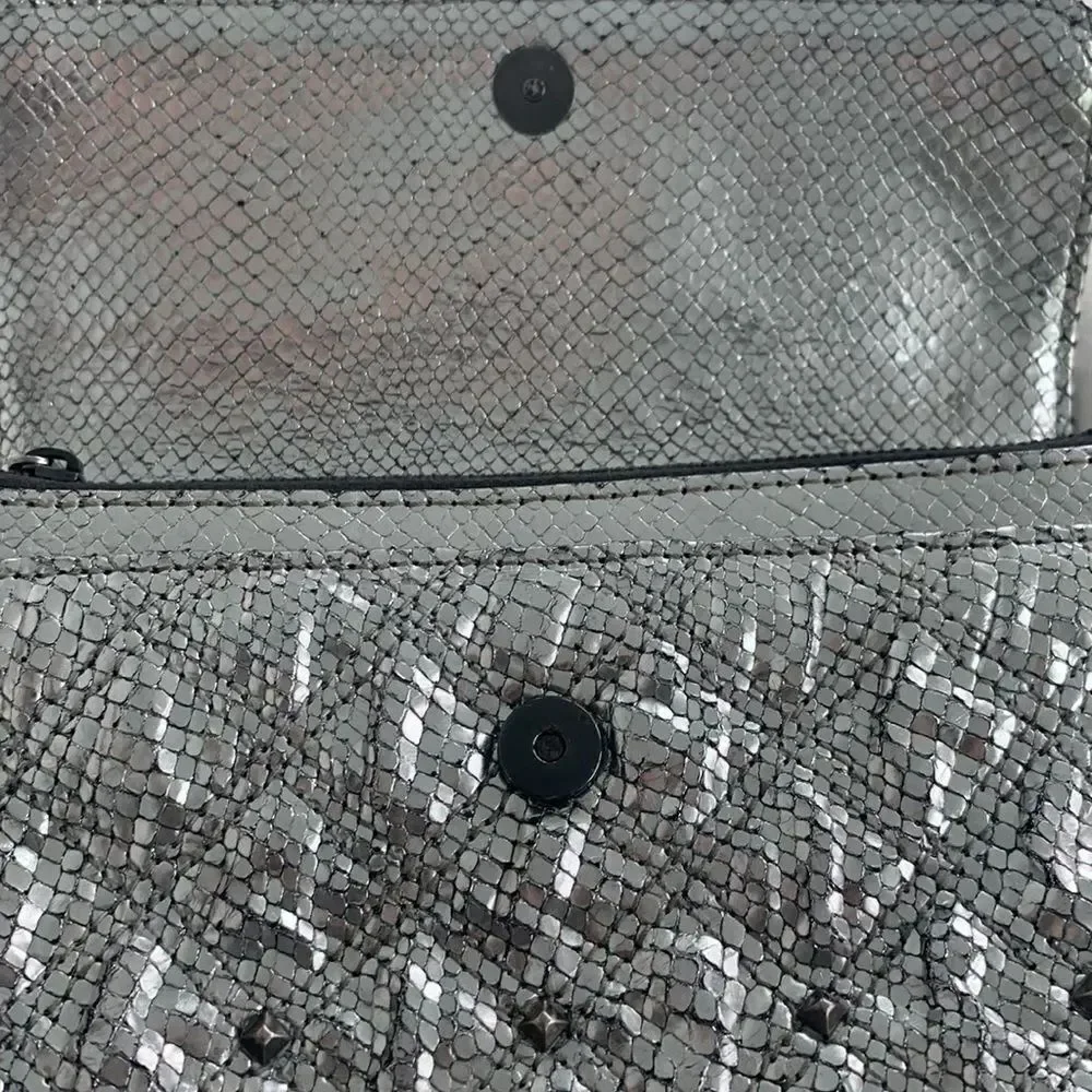 Marc Jacobs Quilted Leather Snakeskin Animal Print Embossed Studded Silver Bag